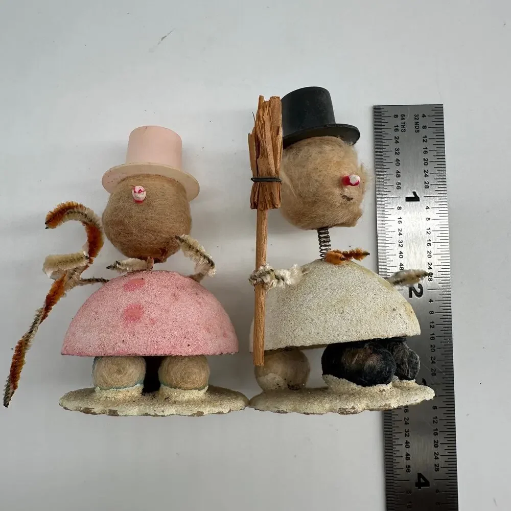 Vintage Japan Spun Cotton Snowman Nodder Pair Chenille Christmas MCM